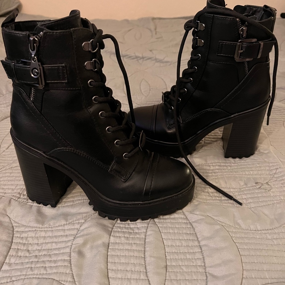 G by Guess Black Lace-Up Boots with Chunky Heels
